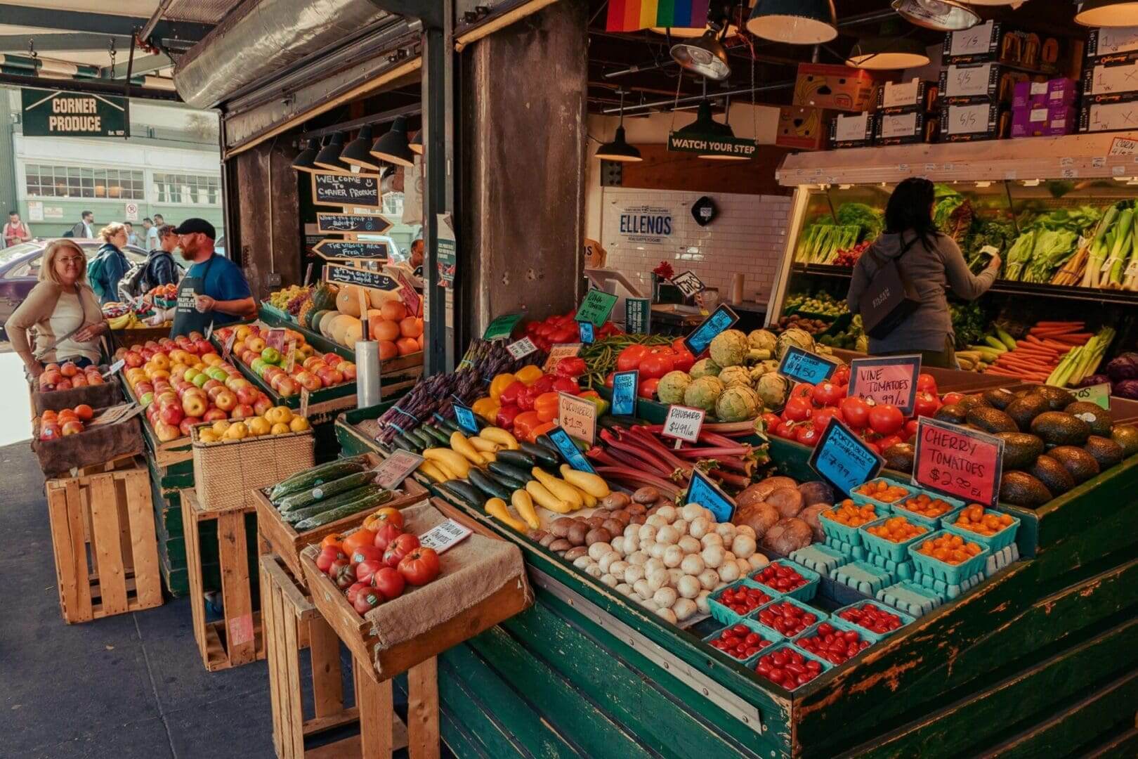 A vibrant market stall brimming with fresh fruits and vegetables.
